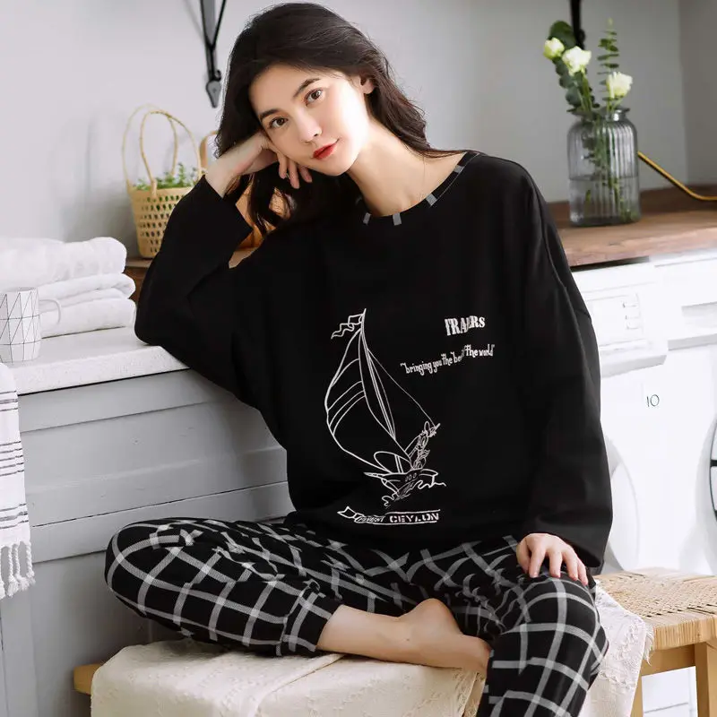 2021 New Sexy Pajama Women Spring Autumn O-Neck Printed Loose Sleepwear Girl Cute Cartoon Sweet Sleep Tops Casual Home Wear Suit