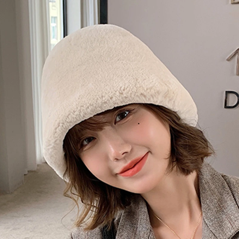 ZDFURS*Hat female autumn and winter fisherman hat Rex Rabbit plush new rabbit fur bucket basin hat tide