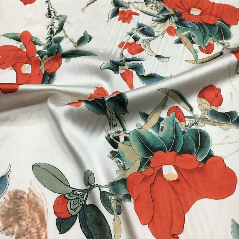 

Natural Silk Fabric 2021 New White Background Branches and Tendrils Floral Print Stretch Silk Satin Cheongsam Dress Shirt Fabric