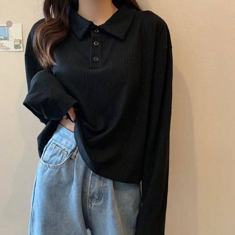 T-shirts Women Simple Korean Preppy Style Maiden Long Sleeve Turn-down Collar Buttons Solid Color Tops Ulzzang Inside Retro Tee