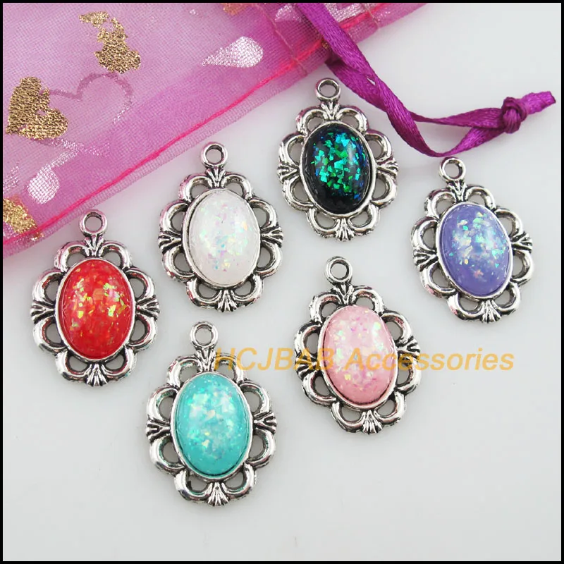 12 New Oval Flower Resin AB Shivering Mixed Charms Tibetan Silver 18x22mm