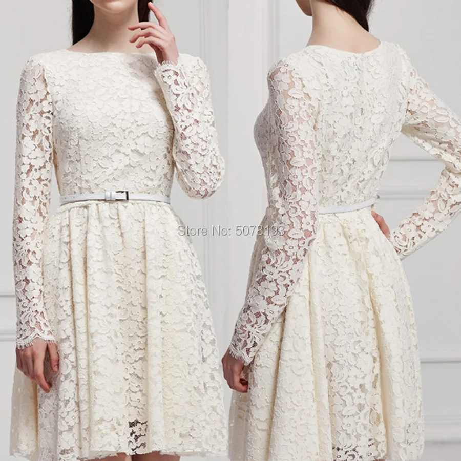 

Customized O-neck natural A-line above-knee lace short homecoming dresses/formal gowns full-sleeves&belt 2025