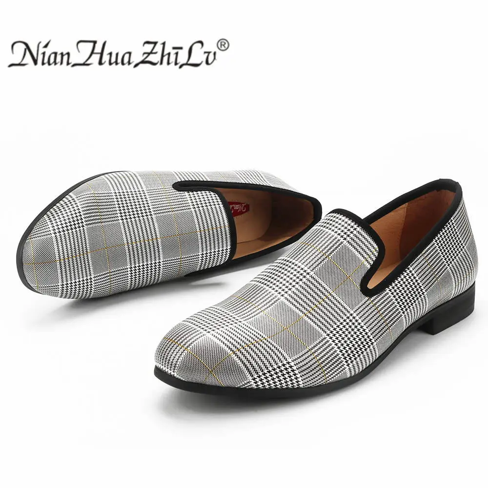 XQWFH Men Chequered Leather Shoes Fashion Handmade Loafers Plaid and Striped Style Casual Flats Slip on Smoking Penny Slippers