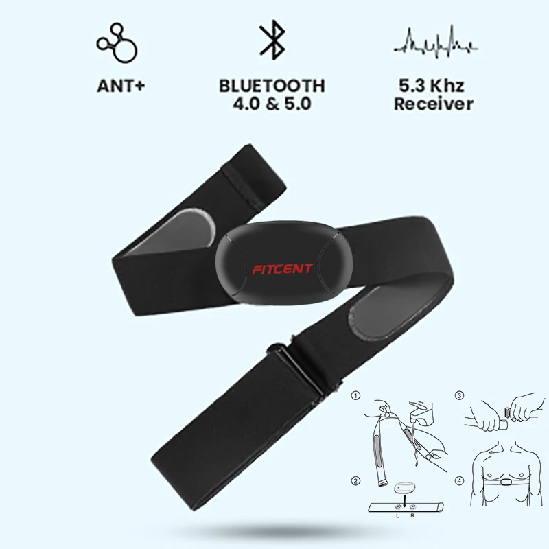 FITCENT – moniteur de fréquence cardiaque Rechargeable, avec Bluetooth ANT +, capteur de sangle de poitrine 5.3Khz, pour Machine à ramer Peloton Zwift Polar