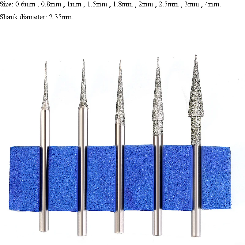 10PCS 0.6mm - 4mm Diamond Burr Grinding Bit Point 2.35mm Shank for Glass Stone Jade