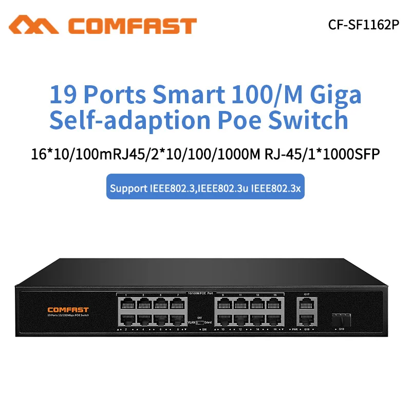 Conmutador Poe automático Gigabit de alta velocidad, 100M, 16*10/100M, puerto RJ45 + 2*10/100/1000M, puertos de enlace RJ45 UP + 1*1000 SFP 802.3af/at Switch