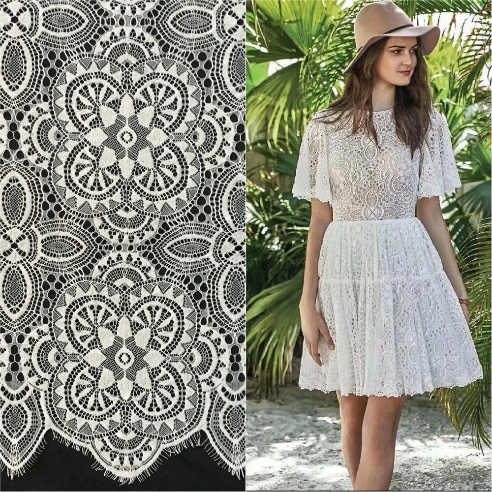 SOFT Quality Geometric Style Eyelash French Lace Fabric Dress Material 1 Piece=1.5x3 Meters Off White Black Color
