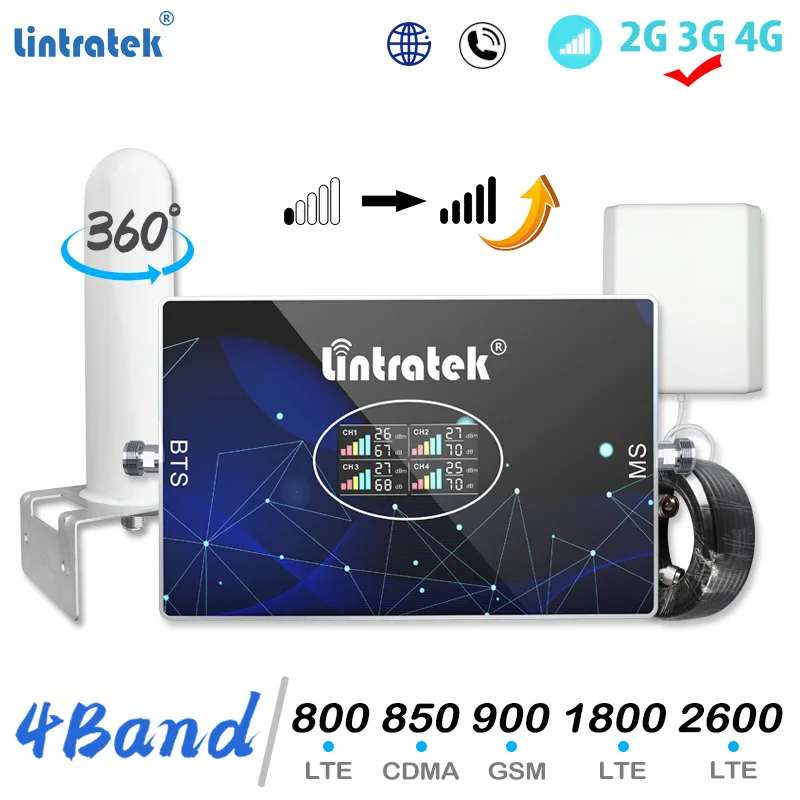 

Lintratek 2G 3G 4G Cellular Amplifier 4 band LTE 800 CDMA 850 GSM 900 WCDMA 2100 DCS 1800 LTE 2600 MHz Cellphone Signal Booster