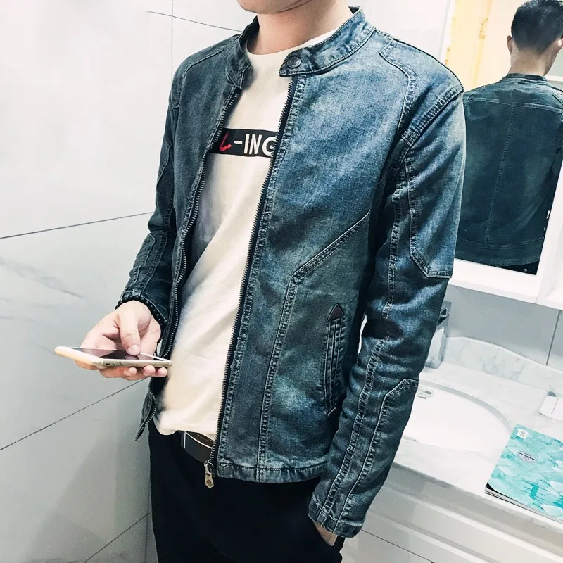 Spring Autumn New Long Sleeve Zipper Mens Denim Jackets Fashion Stand Collar Slim Fit Casual Cowboy Outerwear Coats