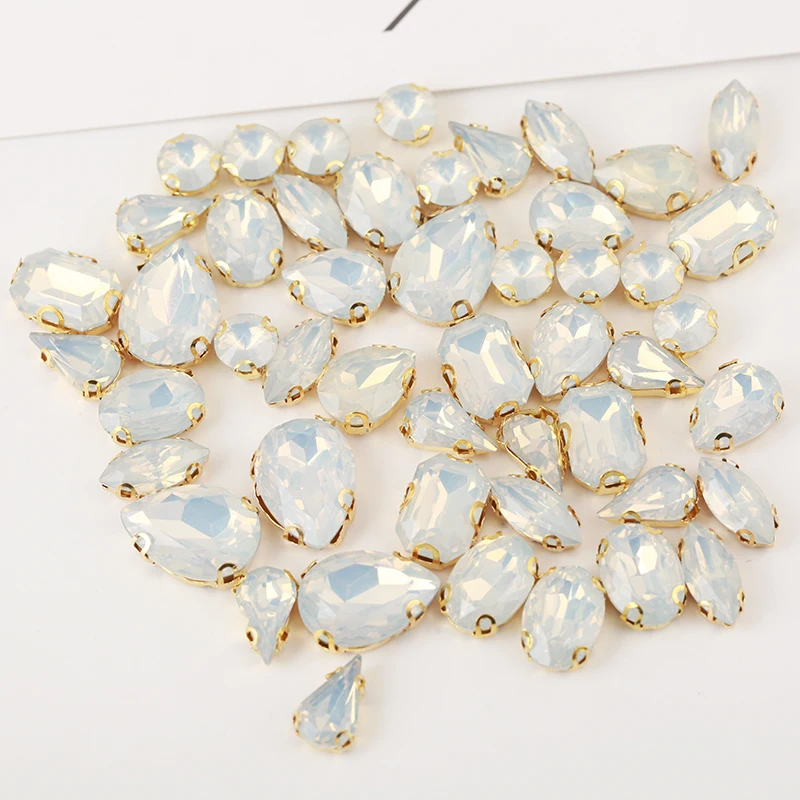 Mixed Shape 50pcs White Opal Rhinestones With Gold Claw Flatback Sewing Diy Craft Accessories Resin Rhinestones With Holes