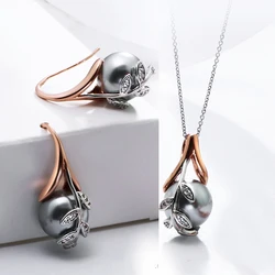 New 2PCS Set Fashion Jewelry Necklace+Earrings RoseGold plate Grey Pearl & Cubic Zircon Fashion Leaf Accessories