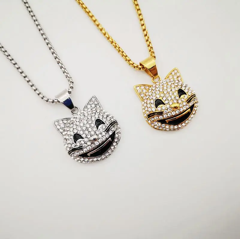 2020 AW Bling Bling animal smiling cat pendant necklace stainless steel full rhinestones CAT necklace Hiphop fashion jewelry