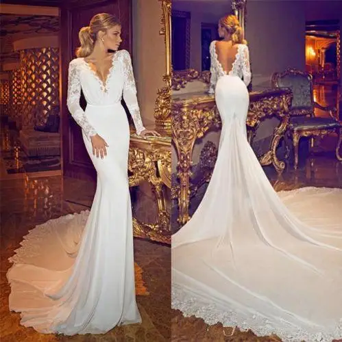 2018 sexy backless vestido de noiva V-ausschnitt Lace Long Sleeves Mermaid Lange Zug Brautkleid mutter der braut kleider