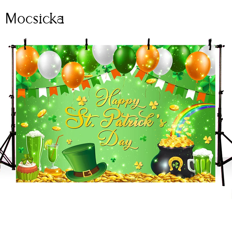 Mocsicka St. Patrick's Day Photography Background Balloon Clover Decoration Studio Props Child Portrait Photo Backdrop Banner