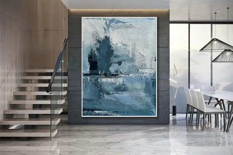 Minimalist Textured Oversize Extra Large Minimal Simple Easy Thick Acrylic Painting Canvas Art Abstract Wall Art Maya Blue Gray