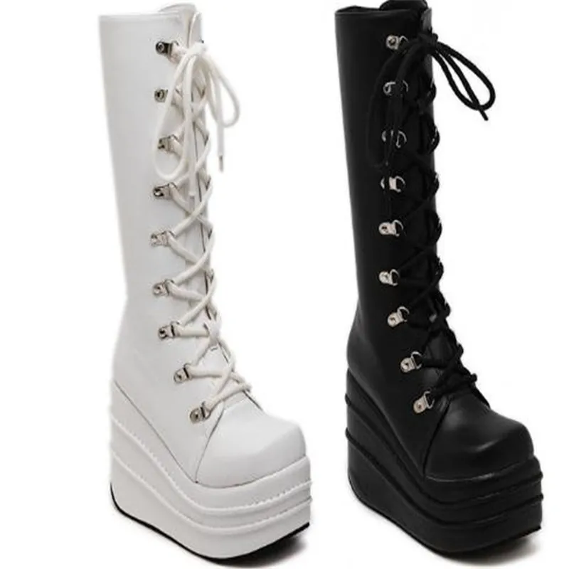 Size 35-43 Botas Mujer Plataforma Winter Womens Boots Punk Style White Wedge High Heel Boots Lace Up Wedge Platform Boots