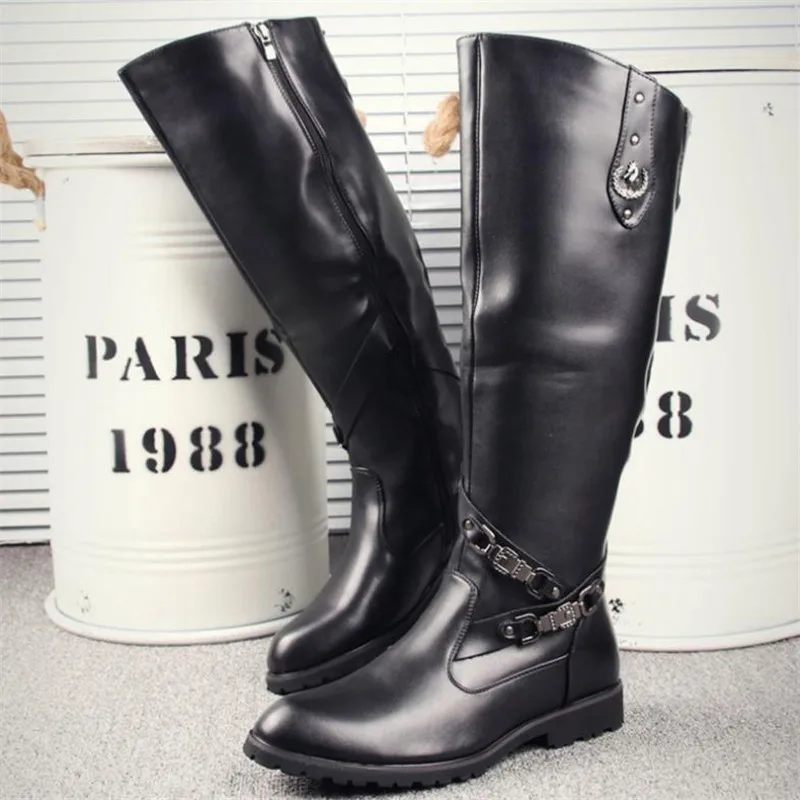 New Arrival Black Long Knee Boots Men Round Toe Buckle High Top Casual PU leather Shoes Man Motorcycle Boots Size 38--44