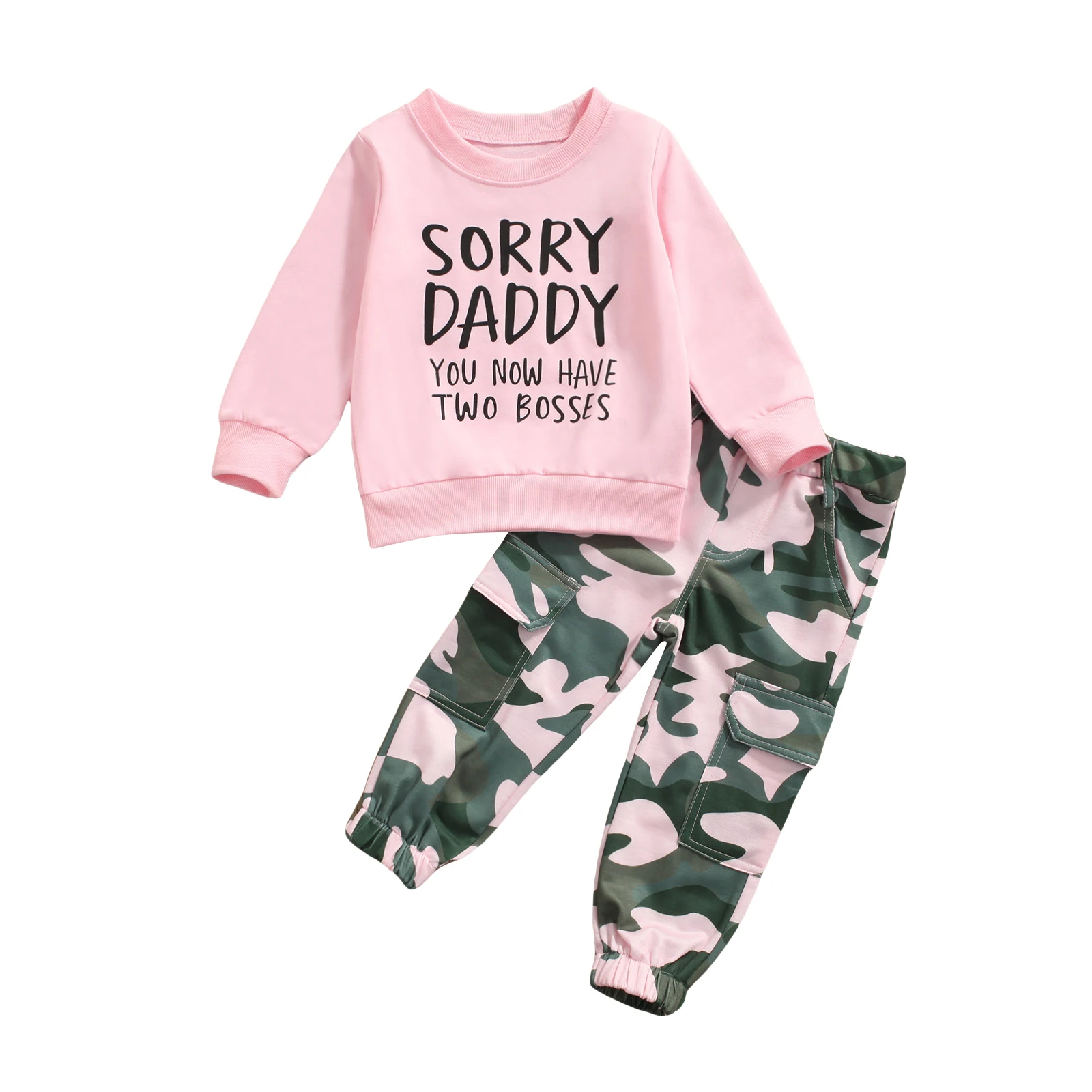 Lioraitiin 1-6Year Toddler Baby Girl 2 Pcs Casual Outfits Letter Print Long Sleeve Round Neck Sweatshirt Camouflage Pants