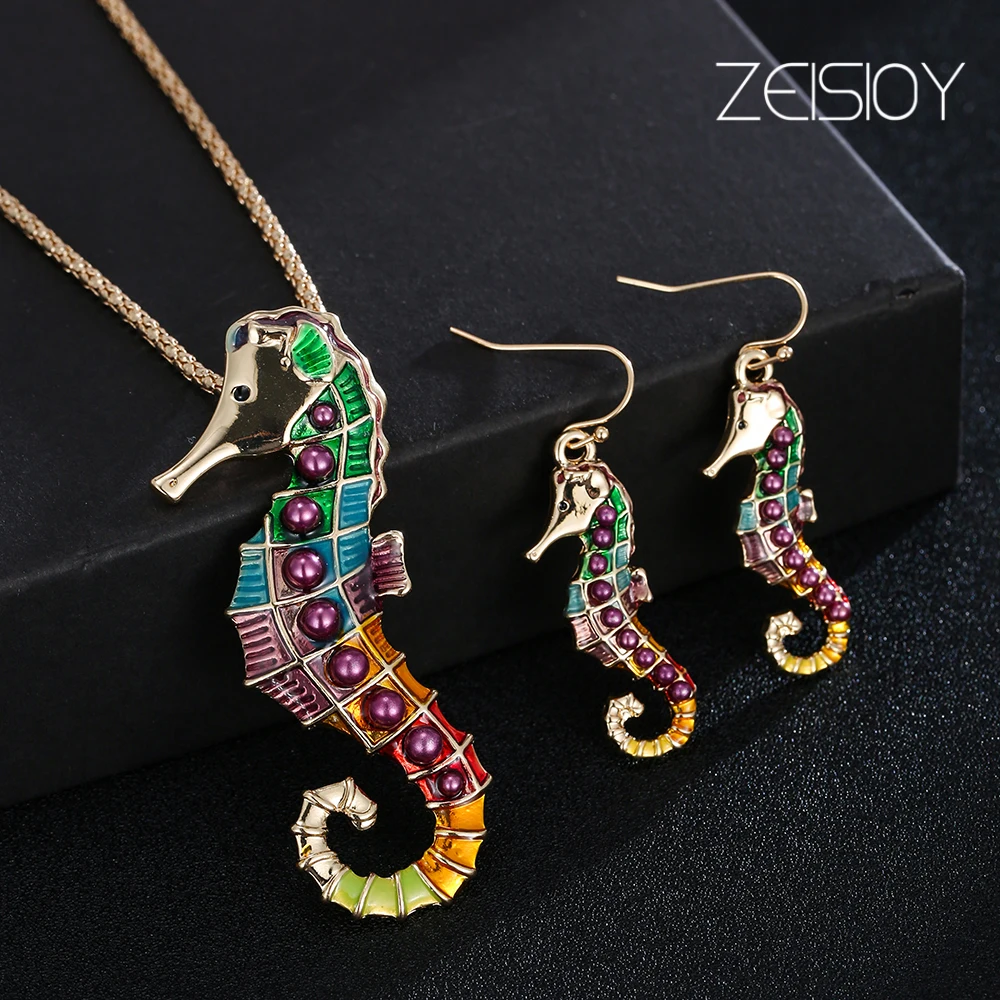 2-piece set of golden sea horse seahorse with dripping oil pendant necklace jewelry making