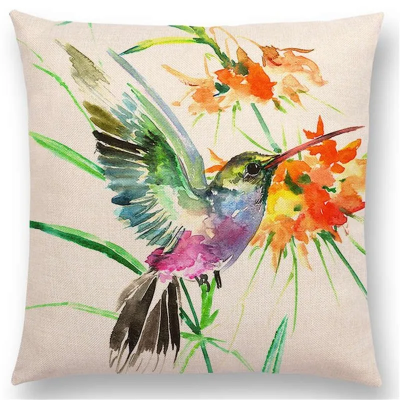 Watercolor Birds Decorative Cotton Linen Cushion Cover Hummingbird Goldfinch Chickadee Cardinal Kingfisher Sofa Pillow Case