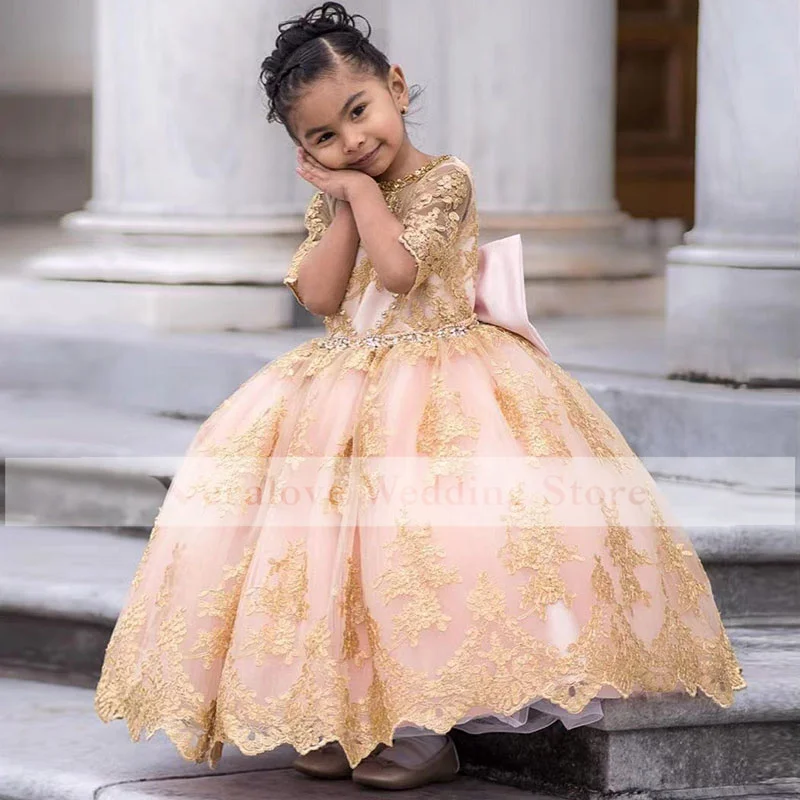 2022 Pink Gold Lace Flower Girl Dress Short Sleeves Princess's Girls Dresses for Party Pageant Kids Gowns Informal Wear