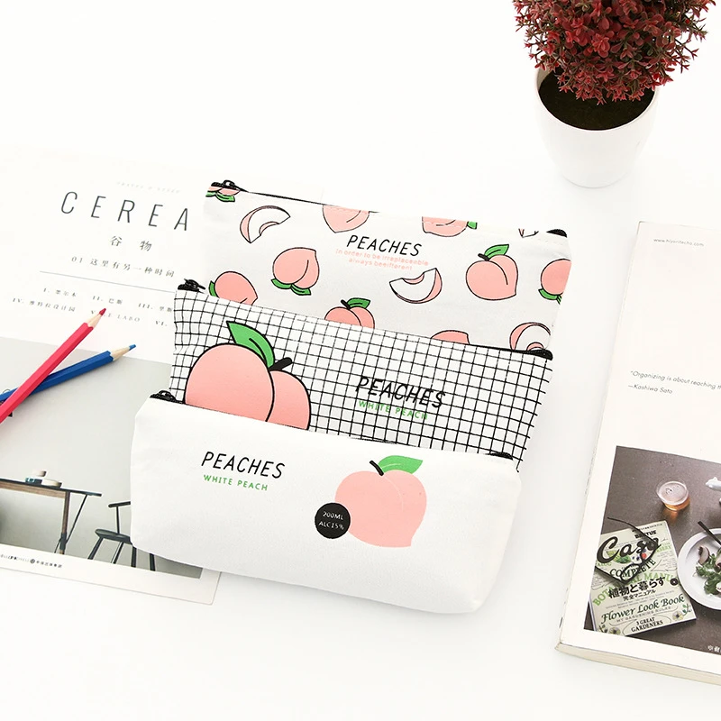 1 Pieces Kawaii Peach Pen Pencil Case Bag Canvas School Stationary Receive Black Tools Makeup Pouch Cosmetics Case School office