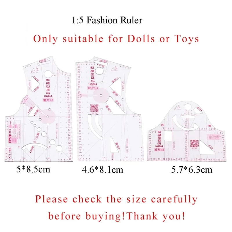 3pc 1:5 Sewing Ruler Measure for Mini Doll Toy Pattern Design DIY Clothing Bendable Drawing Template for Designer Tailor P9JB