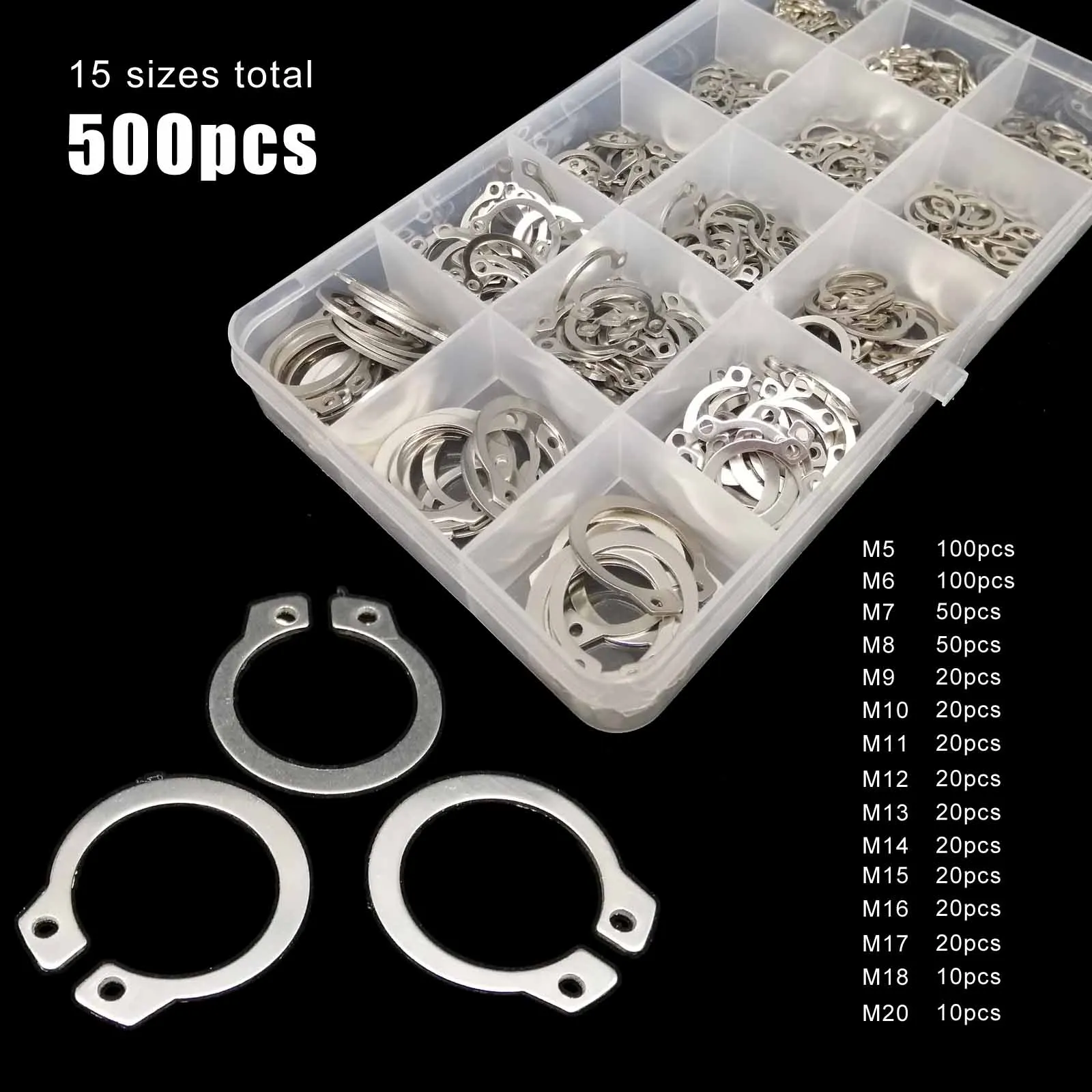 250/500pc Assortment Kit Set 5-20mm GB894 304 Stainless Steel Retaining Clip Snap Ring C Type External Circlip for Bearing Shaft