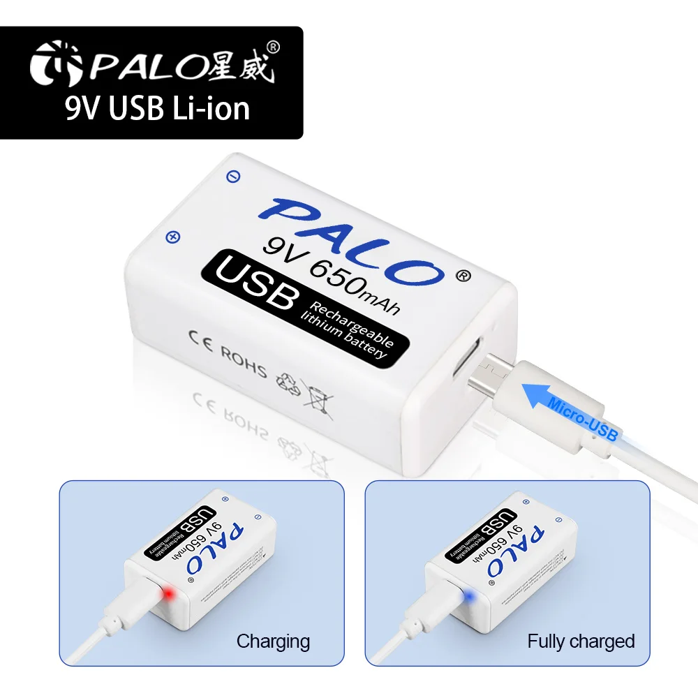 PALO 9V 650mAh li-ion Rechargeable Battery Micro USB Batteries 9V lithium for Metal Detector Remote Control Microphone