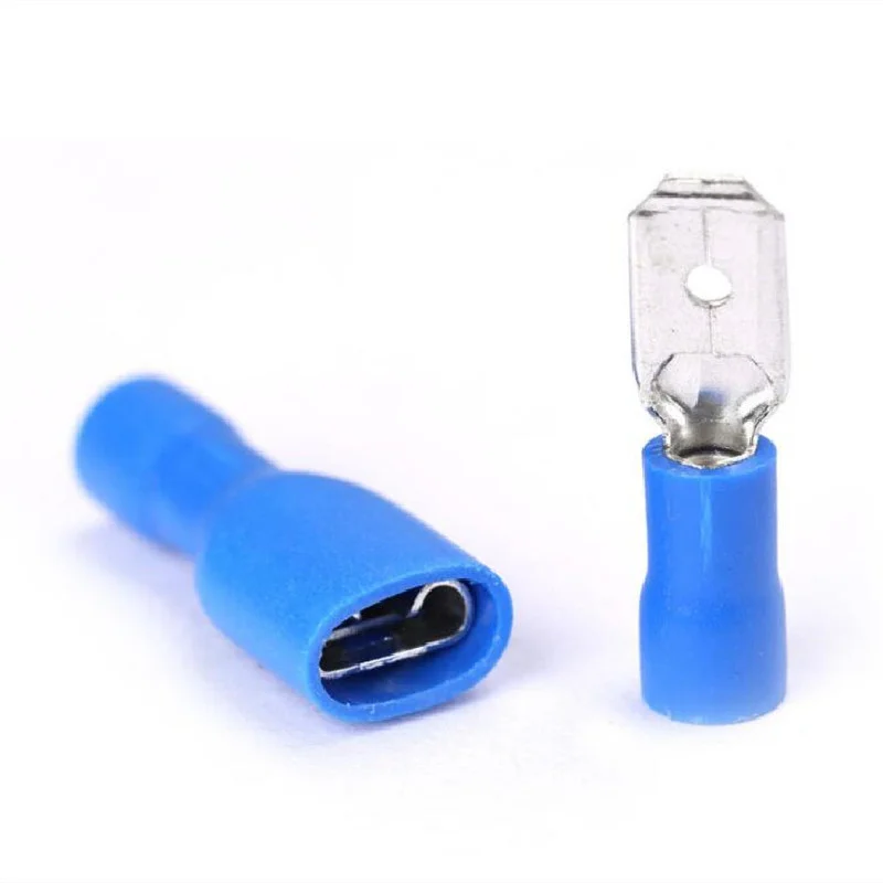 Nuevo 6,3mm 16-14AWG mujer hombre Conector de cableado eléctrico azul aislado crimpado pala Terminal azul FDFD2-250 MDD2-250