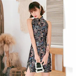 Saten yaz yeni çin elbisesi vestidos boy 3XL kırmızı geleneksel kadınlar kolsuz seksi Chwongsam Mini zarif Qipao