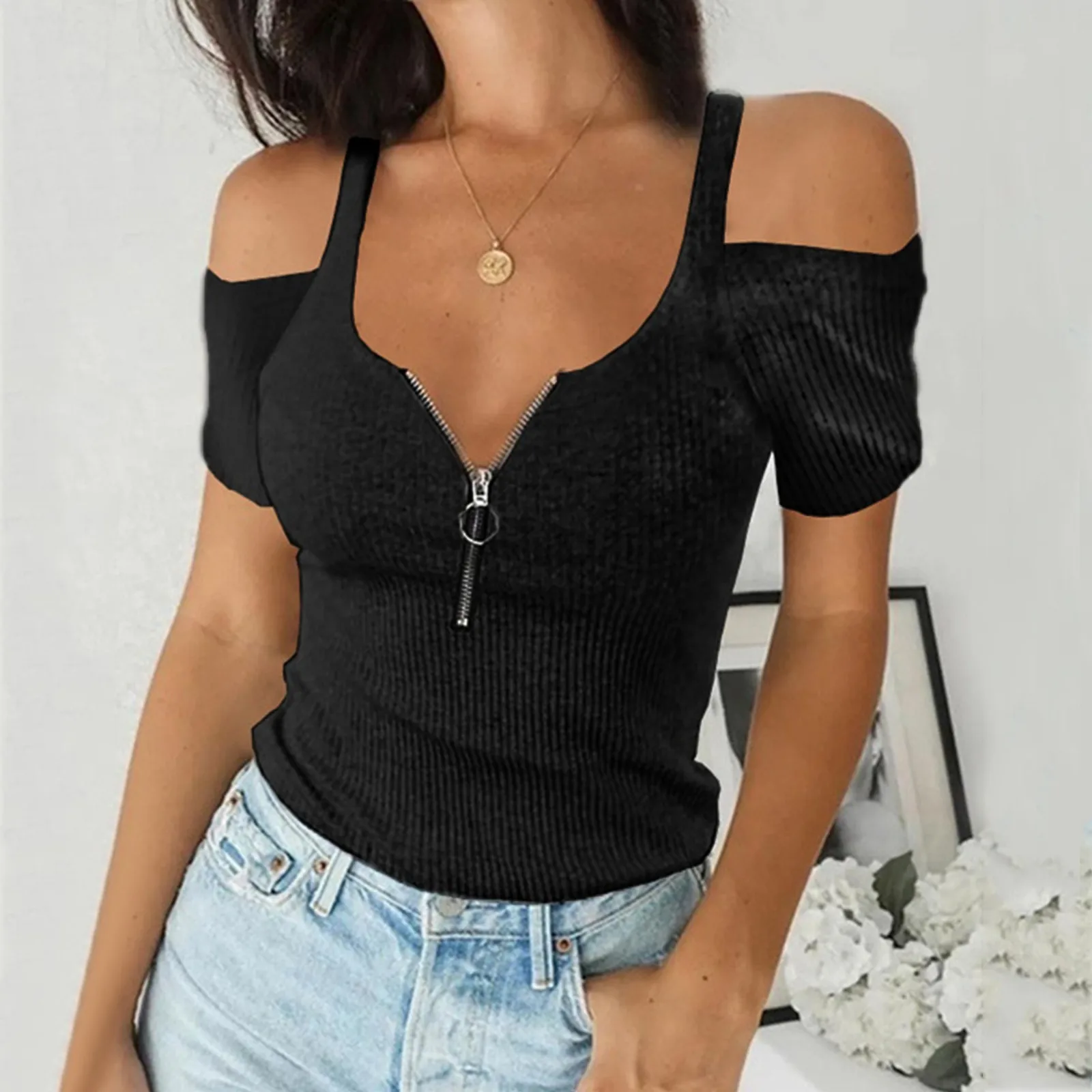 Blusa Sexy con cuello en V para mujer, camisa con cremallera, Tops informales para mujer, Tops de Color sólido para mujer, blusa con hombros descubiertos