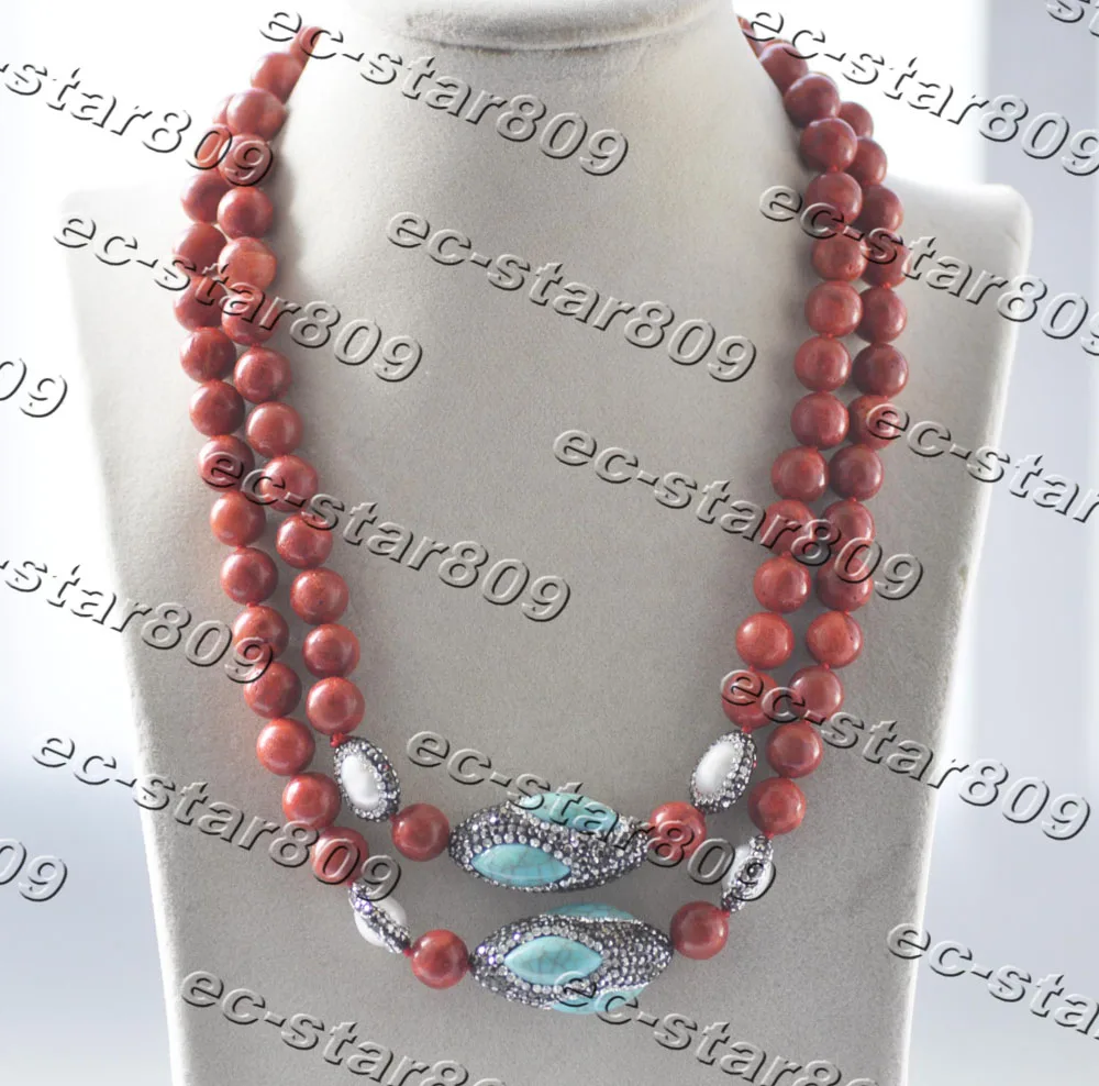 

Z11230 100" 35mm Red Coral Blue Turquoise Shuttle Pearl CZ Necklace Woman Fashion Jewelry