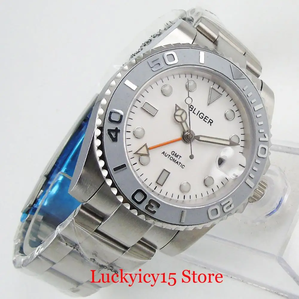 

BLIGER Dress White Automatic Men Wristwatch GMT Date Function Brushed Ceramic Bezel Mental Strap Sapphire Glass