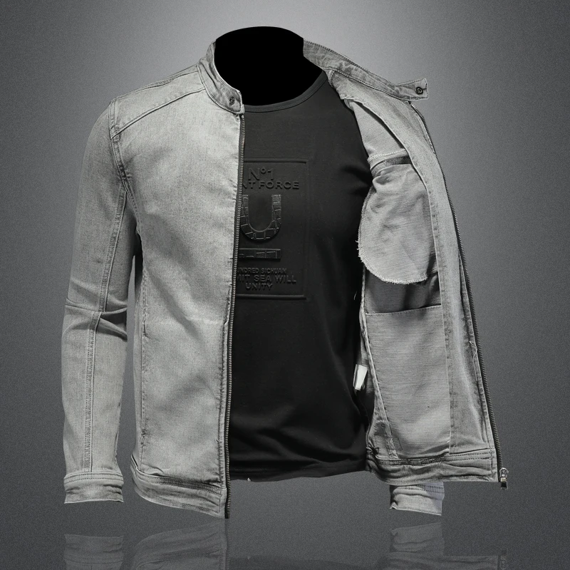 Men Moto Biker Streetwear Denim Jackets Men Vintage Grey Bomber Jacket Outwear Male Casual Cotton Stand Collar Denim Coats