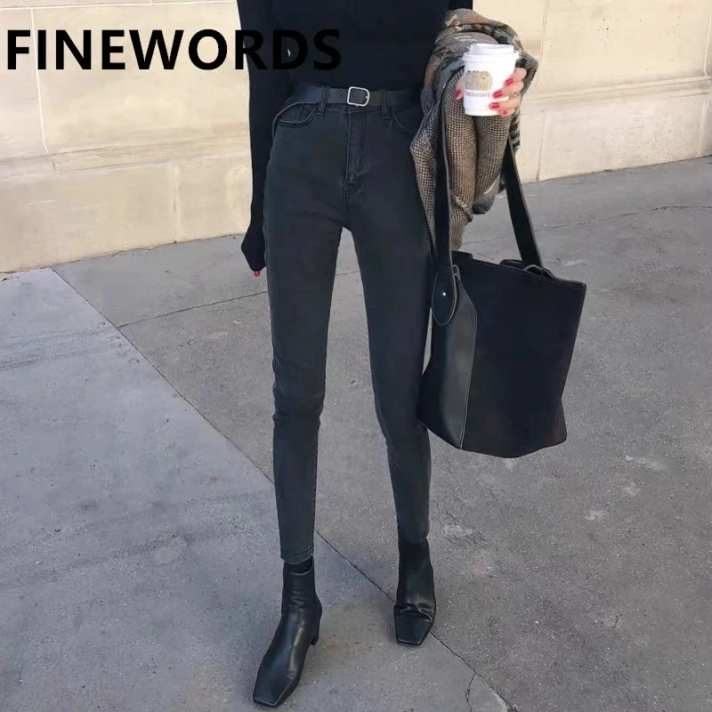 FINEWORDS Korean Style Streetwear Women High Waist Jeans Slim Stretch Push Up Skinny Jeans Woman Pencil Denim Pants