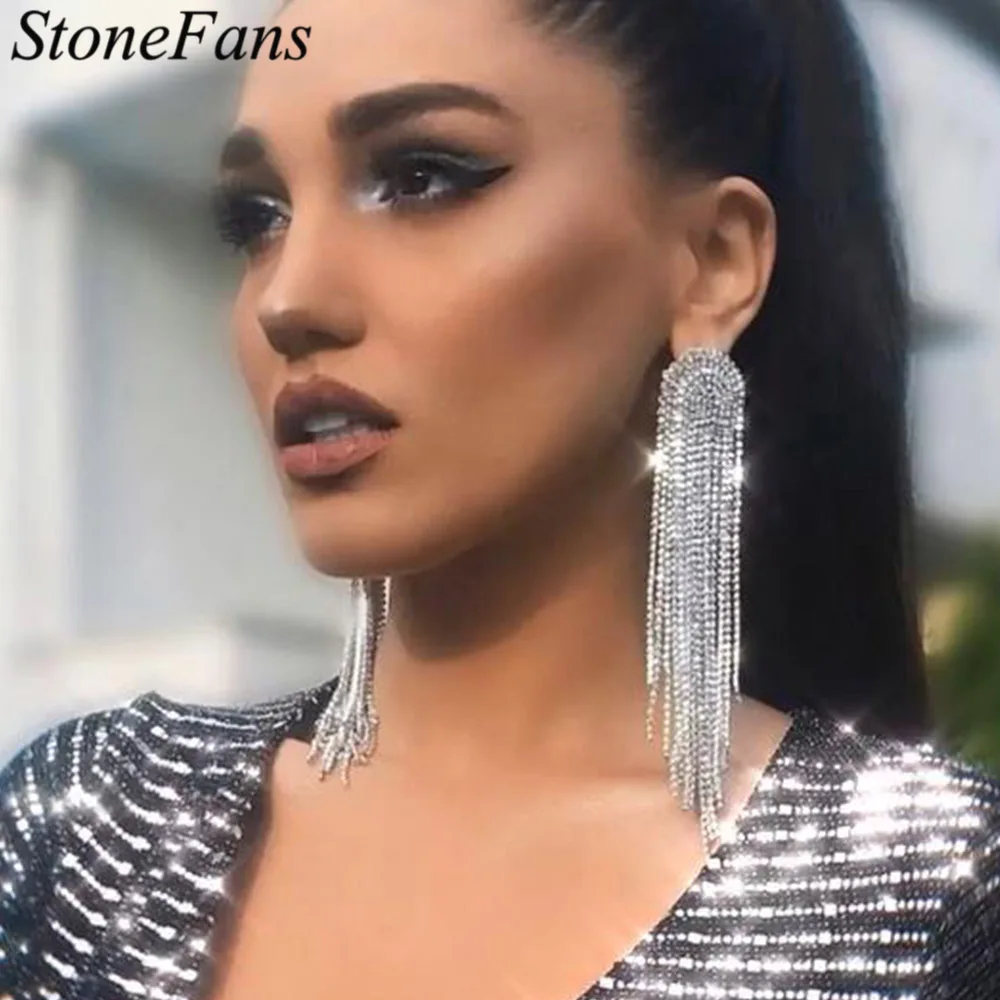 Stonefans Shiny Rhinestone Long Tassel Drop Earrings for Women Fashion Earrings 2021 Dangle Earrings Statement Jewelry Wholesale