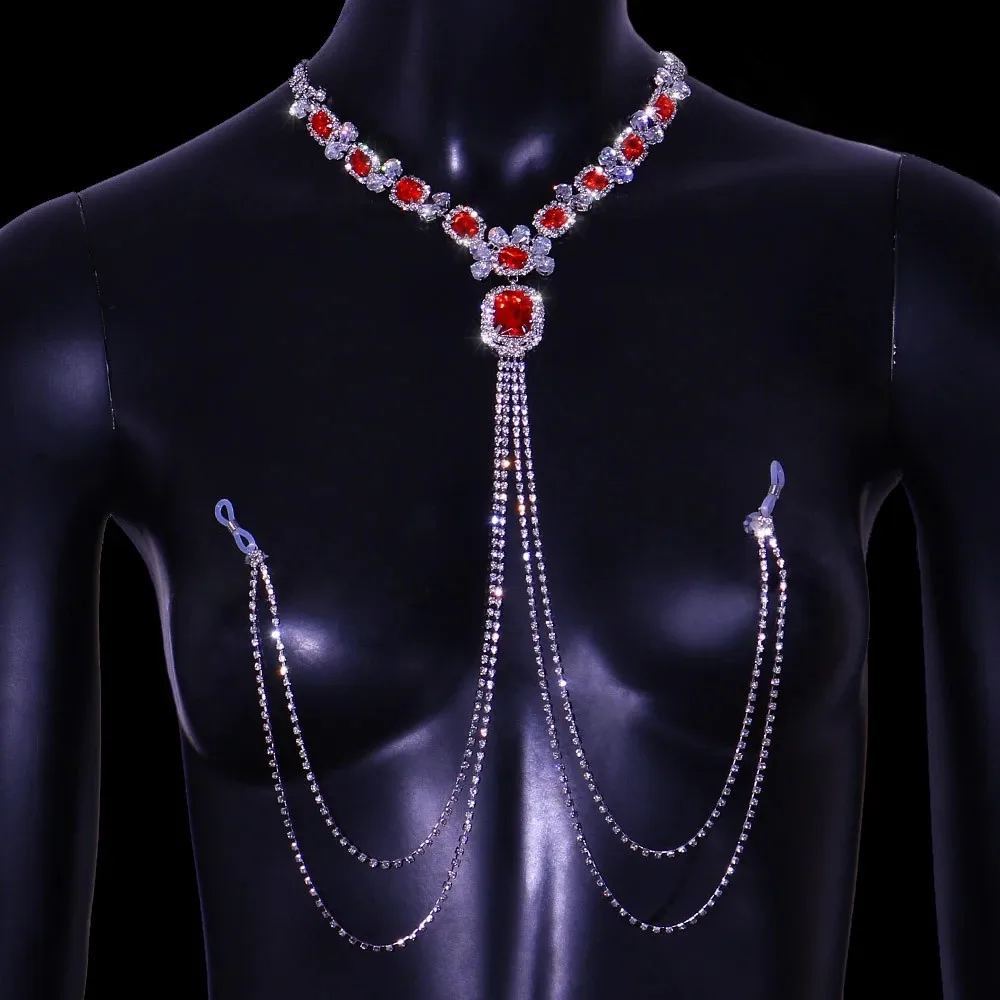 Cadena de pezón rojo con diamantes de imitación para mujer, lencería Sexy sin perforaciones, joyería corporal para mujer, collar de cadena de cristal de lujo