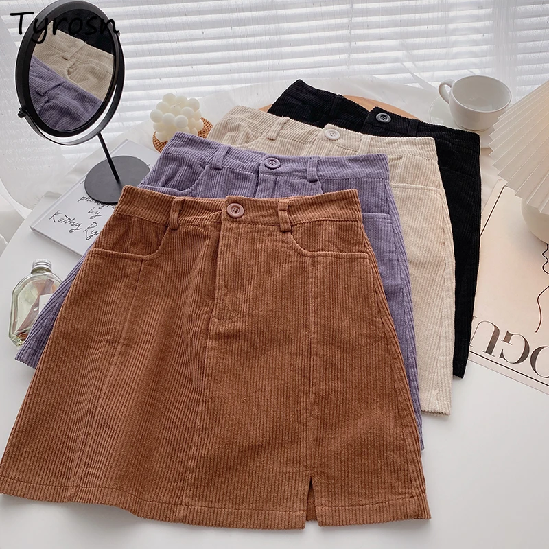 Corduroy High Waist Mini Skirts Hip-skitrt Fashion Vintage Solid All Match A Line Faldas Chic Side Slit Streetwear Leisure Ins