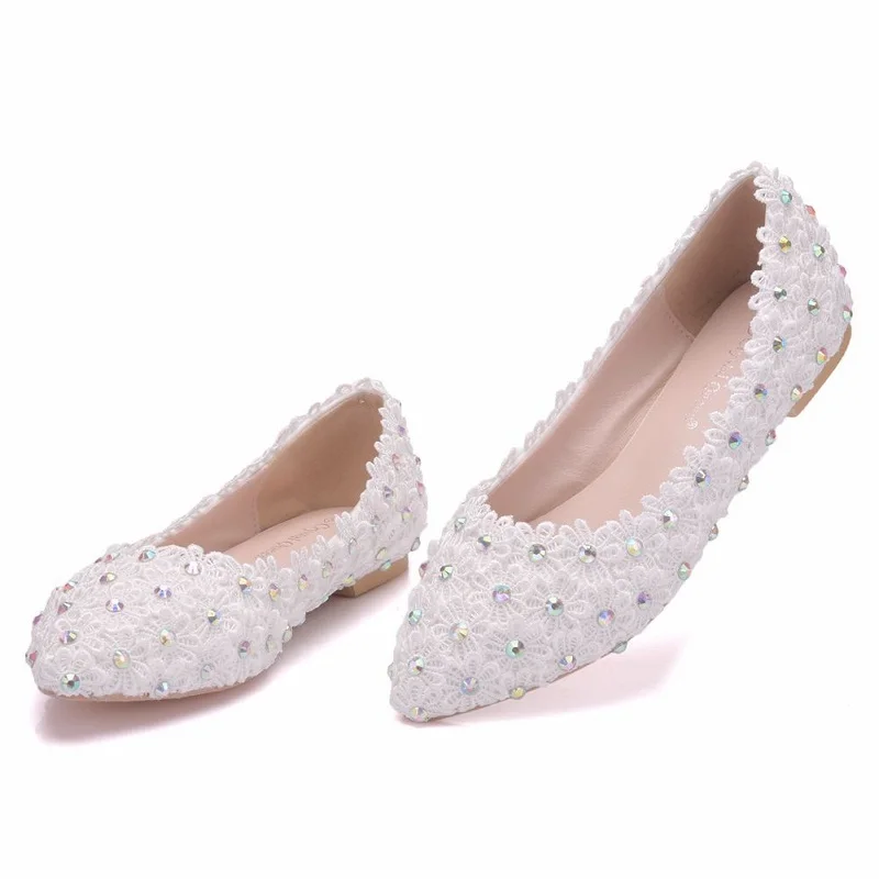 

Spring new large size pointed white lace bridal wedding shoes flat banquet dress all-match comfortable women's single shoes