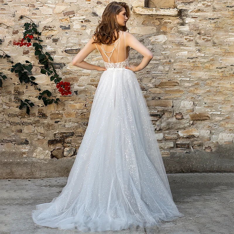 Spalline scintillanti in Tulle abiti da sposa a fessura alta nappe perline di lusso senza schienale abiti da sposa in pizzo con fotografia di grandi dimensioni