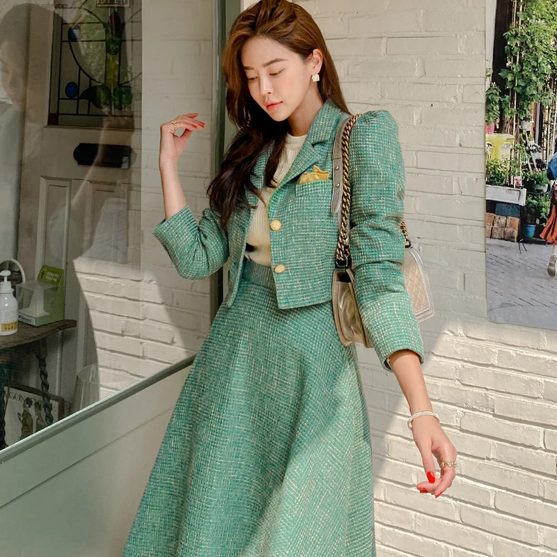 New Autumn Winter Two Piece Set Women Fashion Notched Collar Green Short Blazer Jacket + High Waist Ball Gown Midi Skirt Suits