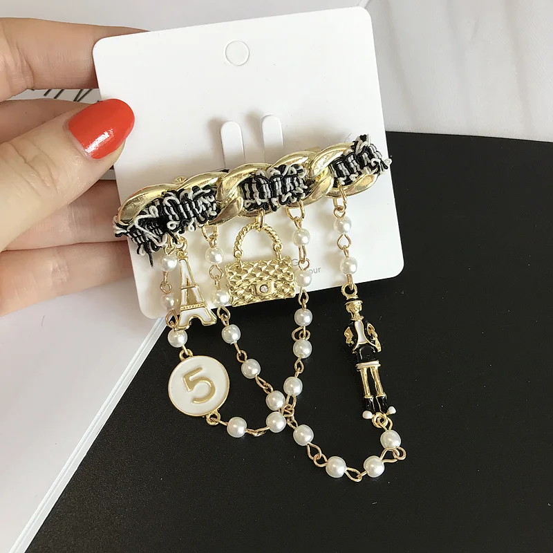 Vintage Baroque Luxury Camellia Tassel Chain Brooch famous Rose Flower Pearls Crytal Brooches for Women Jewelry Gifts