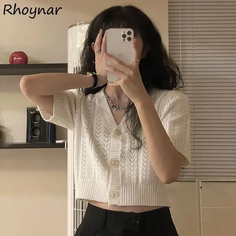 Cardigan elegant Women Simple Sweet Summer Lazy French Style Fashion Hollow Out Crop Short Sleeve V-neck Vintage Tender Maiden