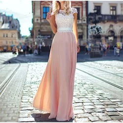 Women's Chiffon Lace Backless Sexy Long Dress High Waist Patchwork Loose Female Maxi Dresses Nice Summer Ladies Elegant Vestidos