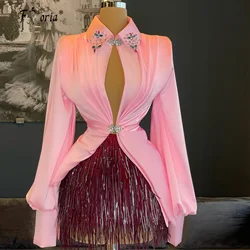 Haute Couture Two Piece Cocktail Dresses Pink Long Sleeves Tassels Short Prom Dress Celebrity Party Gown Vestidos De Cocktail