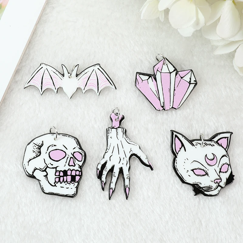 10 Pcs Halloween Charms Punk Witches Crafts Skull Hand Cat Bat Crystal Acrylic Jewlery Findings For Earring Necklace Diy Making