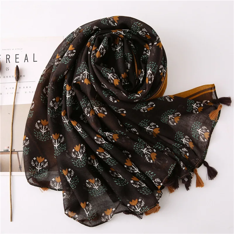 2020 Spring Flower Print Tassel Scarf Shawls Floral Pattern Tassel Wrap Hijab Viscose Beach Travel Scarves Free Shipping