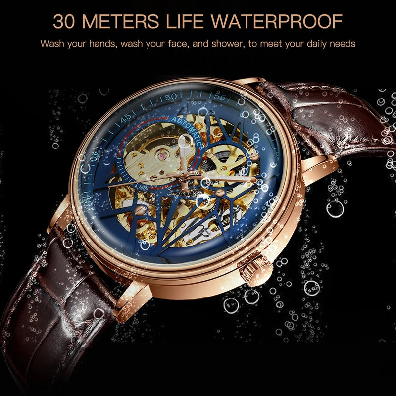 Automatic Mechanical Watches Men Watch Luxury Black Gold Skeleton Reloj Self Winding Brown Royal Male Clock BIDEN Heren Horloge