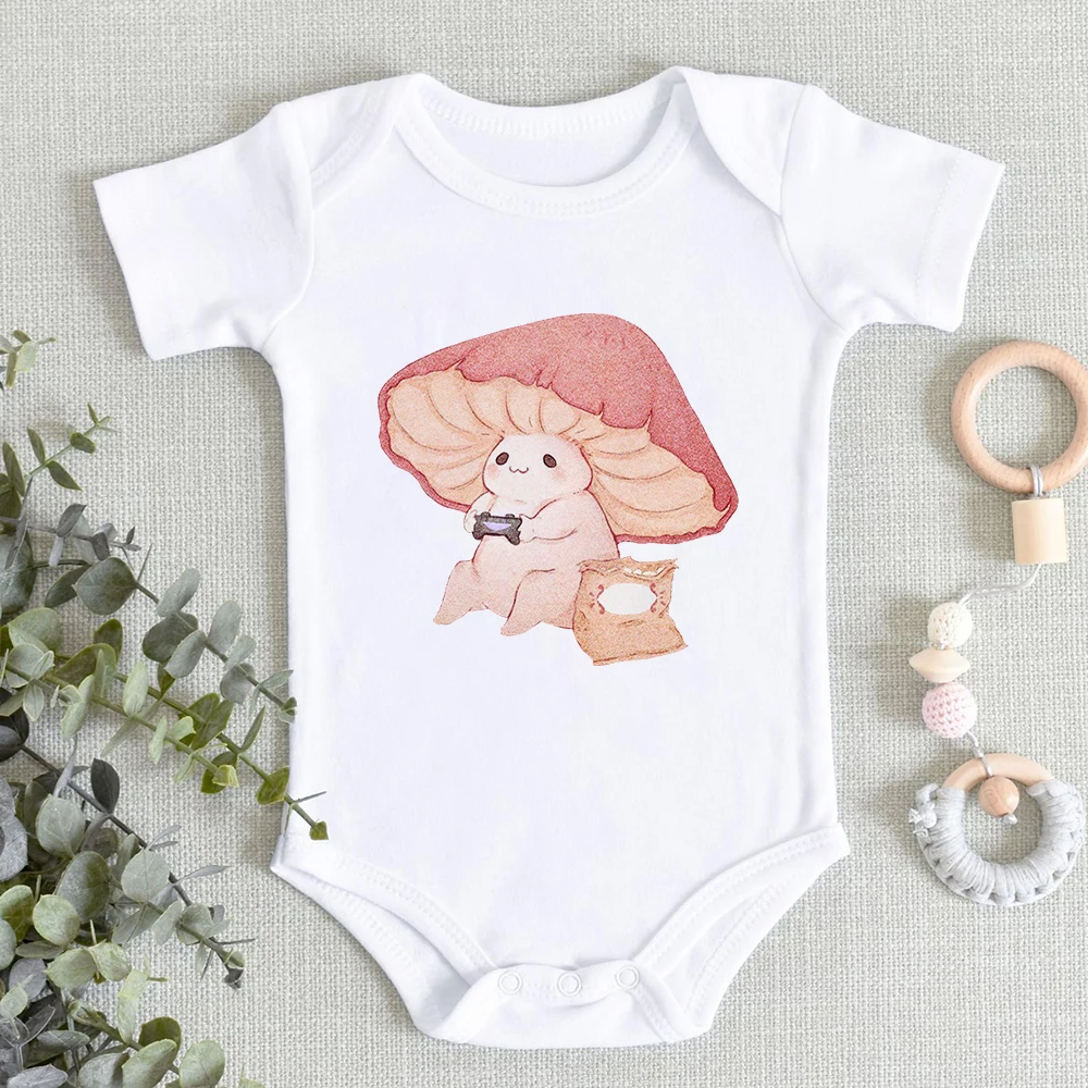 Cute Mushroom Cartoon Baby Clothes Fashion Summer Newborn Boys Girls Bodysuit Summer Casual Twin Babies Clothing Basic White Top